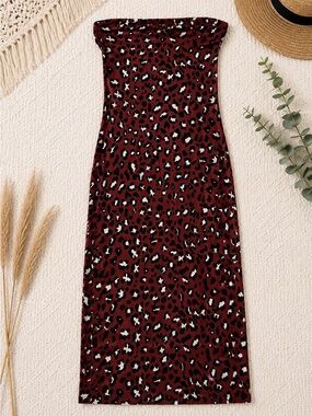 Strapless Rust Leopard Print Midi Dress